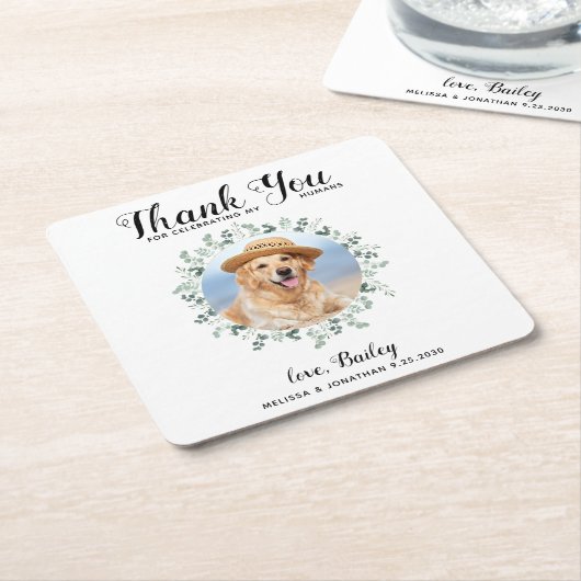 カスタムペットフォトドッグ結婚のユーカリありがとう スクエアペーパーコースター (アングル)