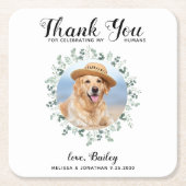 カスタムペットフォトドッグ結婚のユーカリありがとう スクエアペーパーコースター (正面)