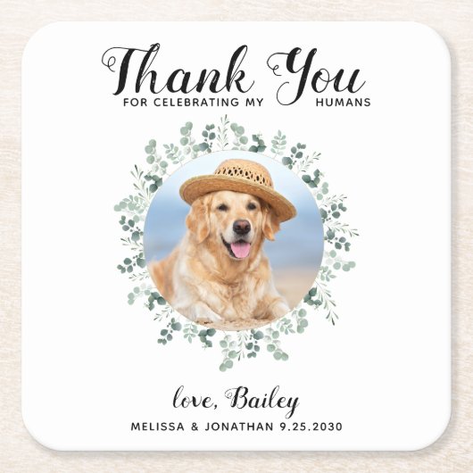 カスタムペットフォトドッグ結婚のユーカリありがとう スクエアペーパーコースター (正面)