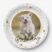 カスタムペットフォト金ゴールドグリッタースターズドッグ誕生日 ペーパープレート (正面)