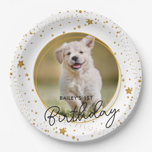 カスタムペットフォト金ゴールドグリッタースターズドッグ誕生日 ペーパープレート (正面)