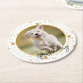 カスタムペットフォト金ゴールドグリッタースターズドッグ誕生日 ラウンドペーパーコースター (アングル)