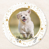 カスタムペットフォト金ゴールドグリッタースターズドッグ誕生日 ラウンドペーパーコースター (正面)