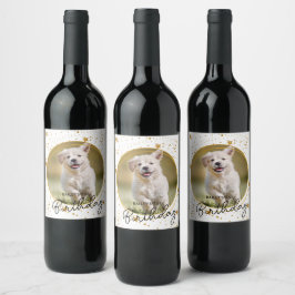 カスタムペットフォト金ゴールドグリッタースターズドッグ誕生日 ワインラベル