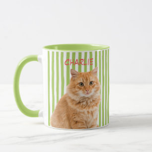 カスタムペットフォト 猫 犬 オーナー グリーンストライプ マグカップ