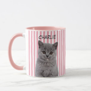 カスタムペットフォト 猫 犬 オーナー ピンクストライプ マグカップ