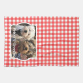 カスタムペット写真カントリー赤バッファローチェックのプレイド キッチンタオル (横)