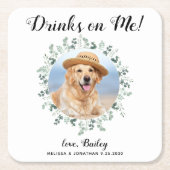 カスタムペット写真ユーカリ犬の結婚オープンバー スクエアペーパーコースター (正面)