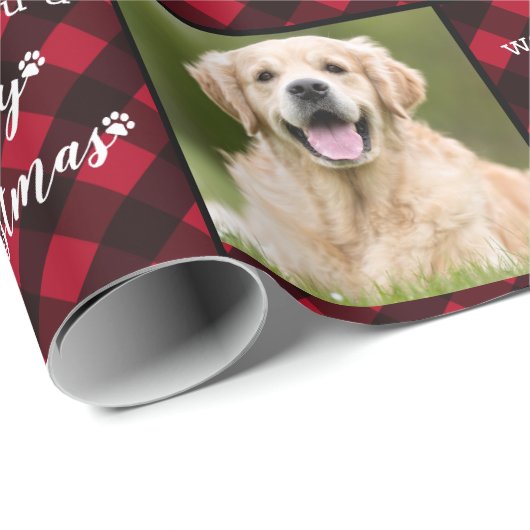 カスタムペット写真レッドバッファロープレイドメリークリスマス ラッピングペーパー (ロールコーナー)