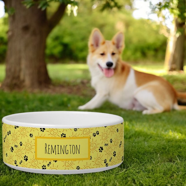 カスタムペット名手描きサンシャインブラックポーズ ボウル (front pet bowl)