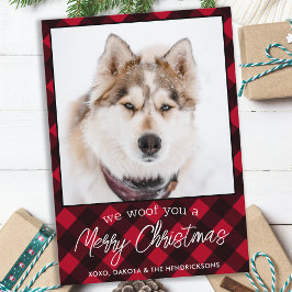 カスタムペット犬の写真メリークリスマスレッドプレイド シーズンカード