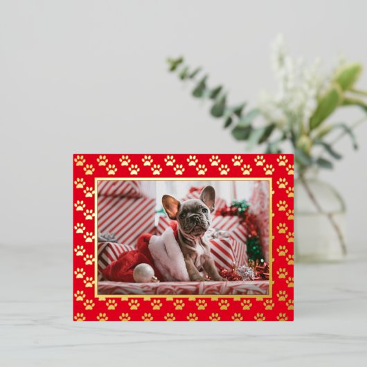 カスタムペット犬フォトクリスマスポープリント金ゴールド 箔シーズンポストカード (立ち正面)