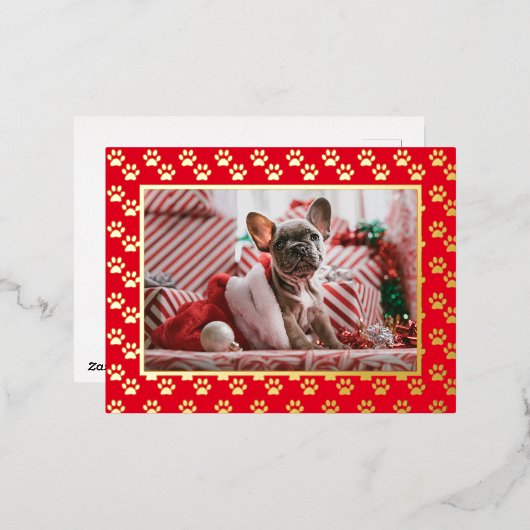 カスタムペット犬フォトクリスマスポープリント金ゴールド 箔シーズンポストカード (正面/裏面)