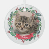 カスタムペット猫フォトウォーターカラーリースクリスマス ガラスオーナメント (正面)