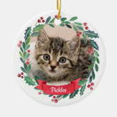 カスタムペット猫フォトウォーターカラーリースクリスマス セラミックオーナメント (正面)