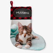 カスタムペット猫フォトレ素朴ッドバッファロープレイド スモールクリスマスストッキング (正面)