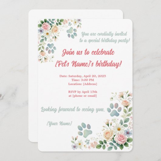 カスタムペット誕生日招待状 | 水彩フローラル 招待状 (正面/裏面)