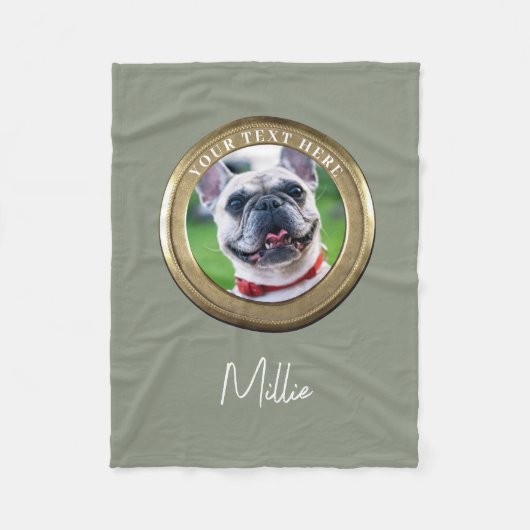 カスタムペット2写真&文字オリーブセージ緑 フリースブランケット (正面)