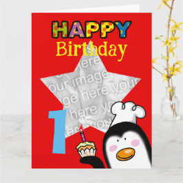 カスタムペンギンの1歳の誕生日フォトカード カード