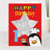 カスタムペンギンの1歳の誕生日フォトカード カード (正面)
