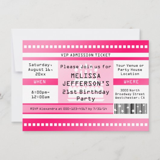 カスタムホットピンクバースデーパーティー入場料チケット 招待状 (正面)