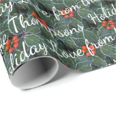 カスタムホリディグリーティングオンホリーベリーパターン ラッピングペーパー (ロールコーナー)