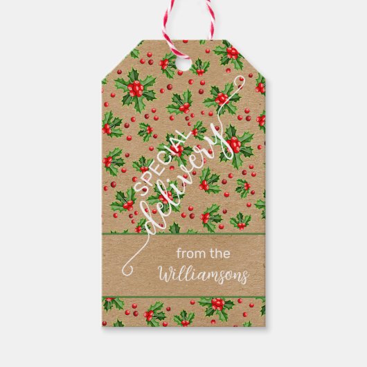 カスタムホリデークラシックグリーンホリーレッドベリー ギフトタグ (正面)