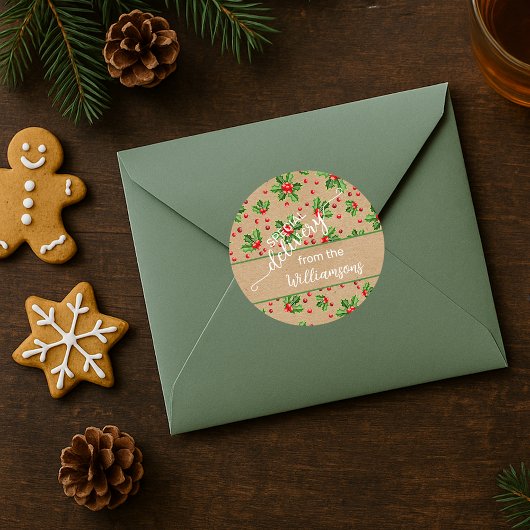 カスタムホリデークラシックグリーンホリーレッドベリー ラウンドシール