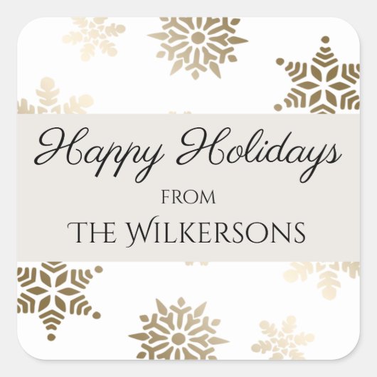 カスタムホリデーファミリーネームと金ゴールドスノーフレーク スクエアシール (正面)