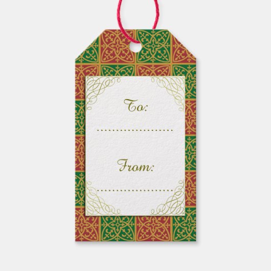 カスタムホリデーレッドとグリーンフルーアデリスパターン ギフトタグ (正面)