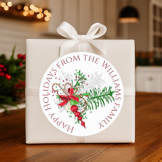 カスタムホリデーレッドホワイトキャンディーケーングリーンリーフ ラウンドシール