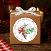 カスタムホリデーレッドホワイトキャンディーケーングリーンリーフ ラウンドシール