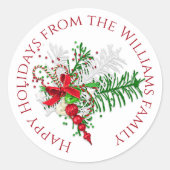 カスタムホリデーレッドホワイトキャンディーケーングリーンリーフ ラウンドシール (正面)