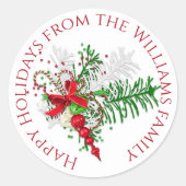 カスタムホリデーレッドホワイトキャンディーケーングリーンリーフ ラウンドシール (正面)