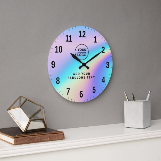 カスタムホログラフィックレインボーかわいいロゴとテキスト ラージ壁時計 (オフィス)