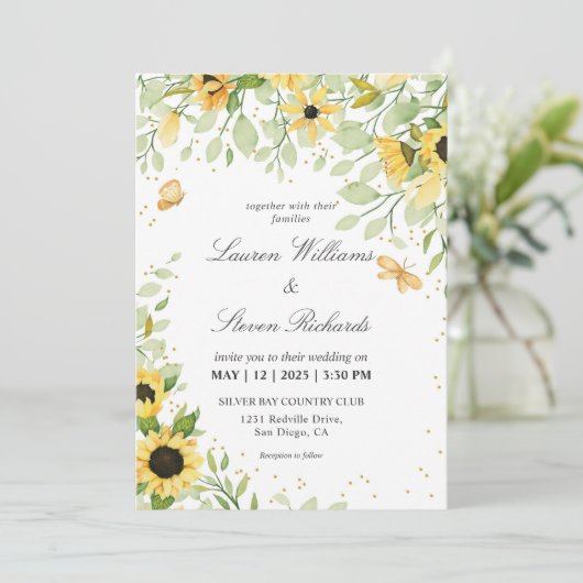 カスタムホワイトイエローサンフラワー&バタフライ結婚ズ 招待状 (スタンド正面)