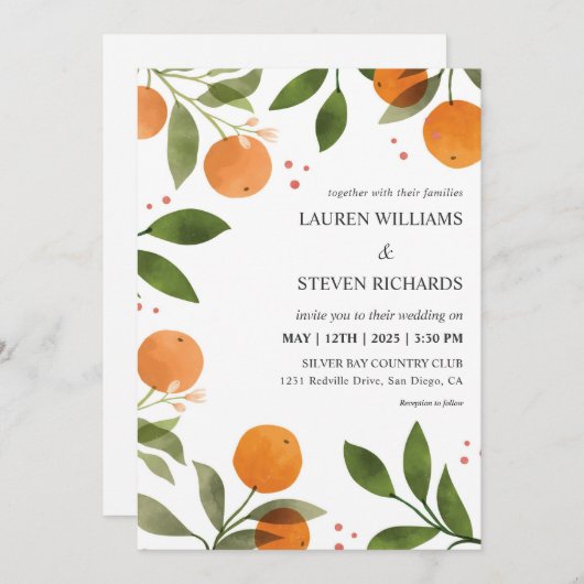 カスタムホワイトグリーンオレンジ緑の花模様ズ結婚 招待状 (正面/裏面)