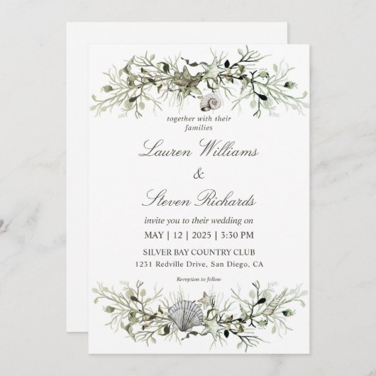 カスタムホワイトグレーマリーン航海のビーチ結婚式 招待状 (正面/裏面)