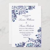 カスタムホワイトダークブルーペイズリー結婚ズ 招待状 (正面/裏面)
