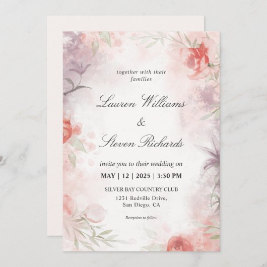 カスタムホワイトパープルピンクソフトデリケート花模様 招待状 (正面/裏面)