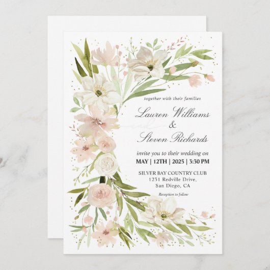 カスタムホワイトピンクグリーンお洒落ロマンチックコーナー 招待状 (正面/裏面)