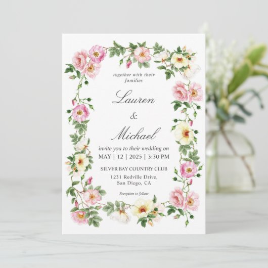 カスタムホワイトピンクローズウォーターカラーリース結婚ズ 招待状 (スタンド正面)