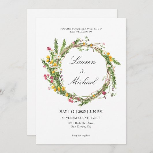 カスタムホワイトピンク春の花リース 招待状 (正面/裏面)