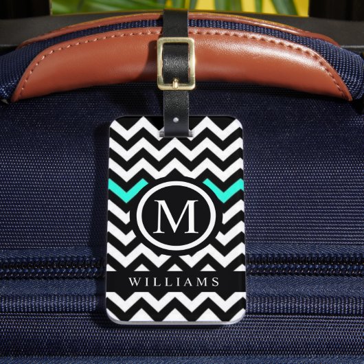 カスタムホワイトブラックターコイズブルーシェブロンパターン ラゲッジタグ (正面インサイチュ2)