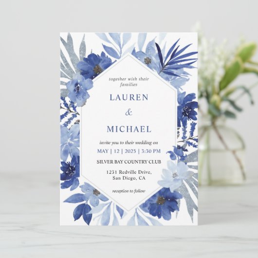 カスタムホワイトブルーブーケ結婚フレーム 招待状 (スタンド正面)