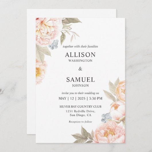 カスタムホワイトブルーベリーピーチフラワーズ結婚 招待状 (正面/裏面)