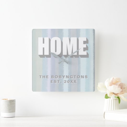 カスタムホームファミリーネームストライプパステル スクエア壁時計 (ホーム)