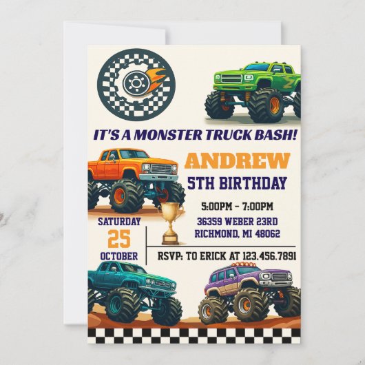 カスタムボイモダンモンスタートラックパーティー誕生日 招待状 (正面)