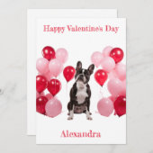 カスタムボストンテリアピンクレッドバルーンバレンタイン シーズンカード (正面/裏面)