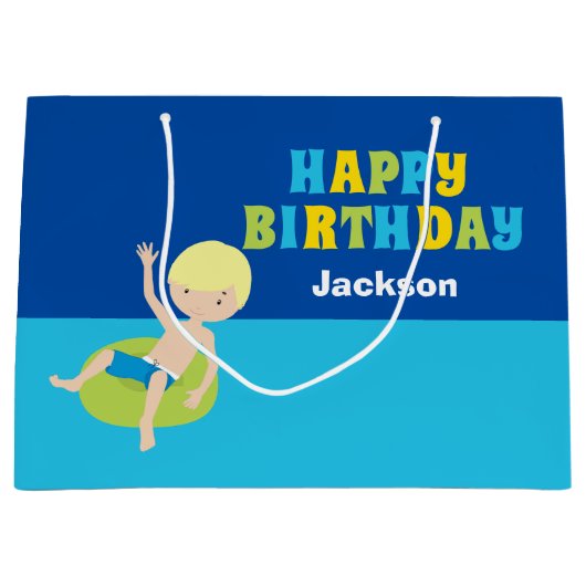 カスタムボーイズサマープールパーティー子供の誕生日 ラージペーパーバッグ (正面)